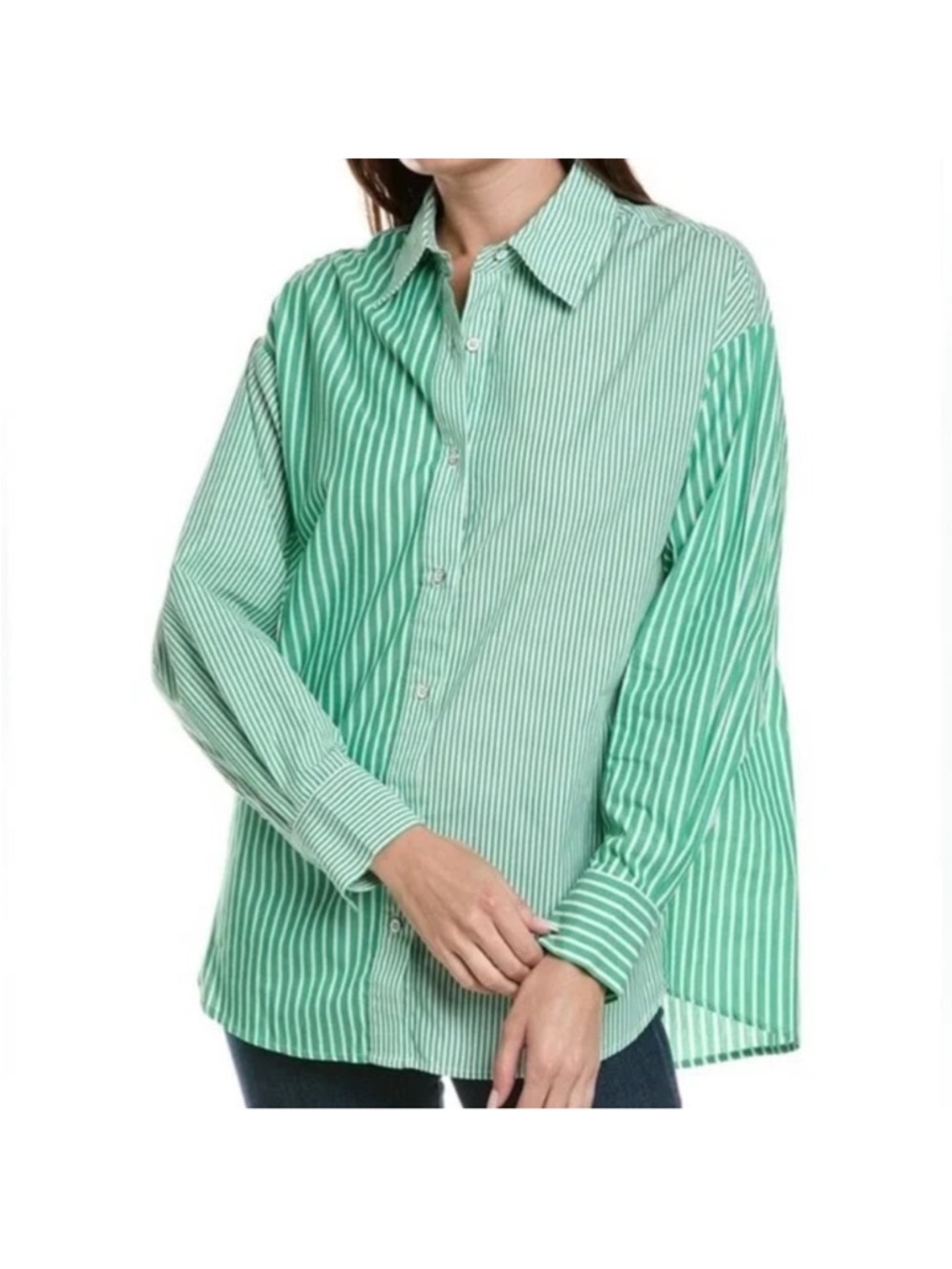 Cabi Green White Stripe Dad Shirt Long Sleeve Button Down Cotton Spring 6292